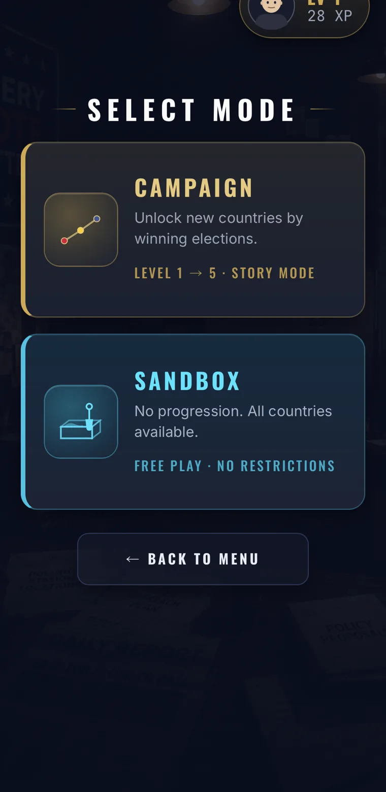 Select mode — campaign or sandbox